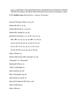 Index to HISTORIC and ARCHITECTURAL RESOURCES of TIVERTON, RHODE ISLAND (Providence, RI: Rhode Island Historical Preservation Commission, 1983.)