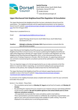 Upper Marshwood Vale Neighbourhood Plan Regulation 16 Consultation