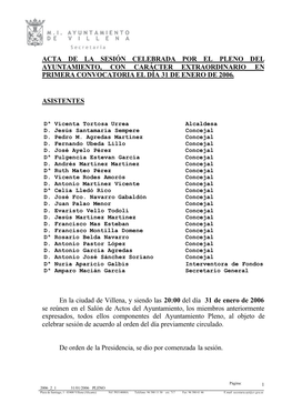 Acta De La Sesión Celebrada Por El Pleno Del Ayuntamiento, Con Carácter Extraordinario En Primera Convocatoria El Día 31 De Enero De 2006