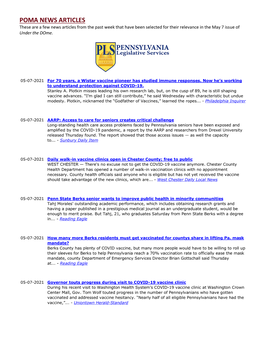 POMA NEWS ARTICLES These Are a Few News Articles from the Past Week That Have Been Selected for Their Relevance in the May 7 Issue of Under the Dome