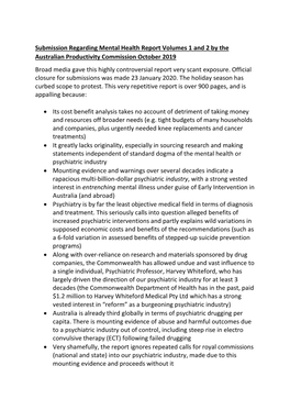 Mental Health Report Volumes 1 and 2 by the Australian Productivity Commission October 2019 Broad Media Gave This Highly Controversial Report Very Scant Exposure