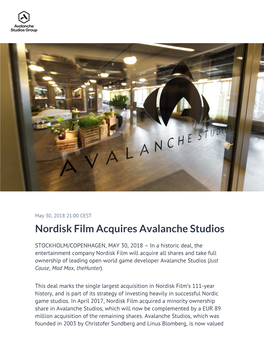 Nordisk Film Acquires Avalanche Studios