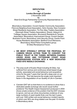 DEPUTATION to London Borough of Camden 2 November 2005 by West End Drugs Partnership Community Representatives on Behalf Of