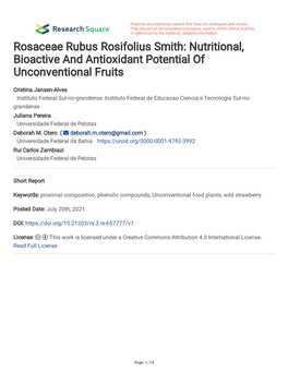 Rosaceae Rubus Rosifolius Smith: Nutritional, Bioactive and Antioxidant Potential of Unconventional Fruits