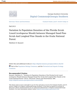 Variation in Population Densities of the Florida Scrub Lizard (Sceloporus Woodi) Between Managed Sand Pine Scrub and Longleaf Pi