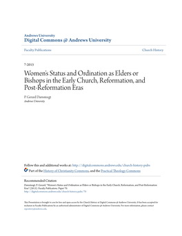 Women's Status and Ordination As Elders Or Bishops in the Early Church, Reformation, and Post-Reformation Eras P