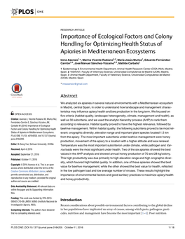 Importance of Ecological Factors and Colony Handling for Optimizing Health Status of Apiaries in Mediterranean Ecosystems