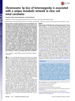 Chromosome 3P Loss of Heterozygosity Is Associated with a Unique Metabolic Network in Clear Cell Renal Carcinoma