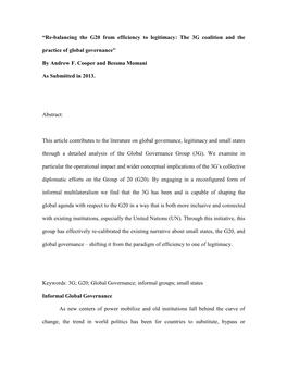 “Re-Balancing the G20 from Efficiency to Legitimacy: the 3G Coalition and the Practice of Global Governance”