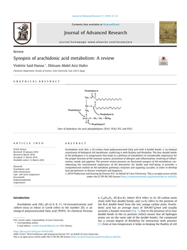 Synopsis of Arachidonic Acid Metabolism: a Review ⇑ Violette Said Hanna , Ebtisam Abdel Aziz Hafez