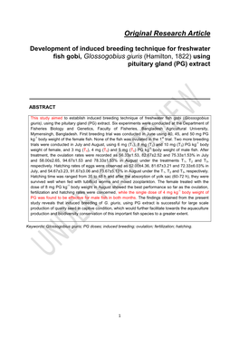 Original Research Article Development of Induced Breeding Technique for Freshwater Fish Gobi, Glossogobius Giuris