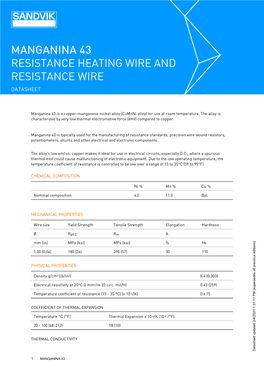 Manganina 43 Resistance Heating Wire and Resistance Wire Datasheet