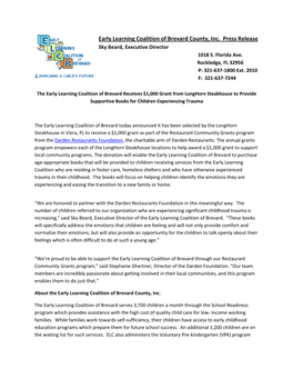 Early Learning Coalition of Brevard County, Inc. Press Release Sky Beard, Executive Director 1018 S