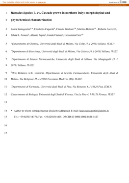 Humulus Lupulus L. Cv. Cascade Grown in Northern Italy: Morphological And