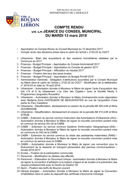 COMPTE RENDU DE LA SEANCE DU CONSEIL MUNICIPAL DU MARDI 13 Mars 2018