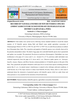RECORD of NATURAL ENEMIES of FEW BUTTERFLY SPECIES AMIDST AGRICULTURE ECOSYSTEMS of CHAMARAJANAGAR DISTRICT, KARNATAKA, INDIA Santhosh S., S