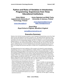 Python and Roles of Variables in Introductory Programming: Experiences from Three Educational Institutions