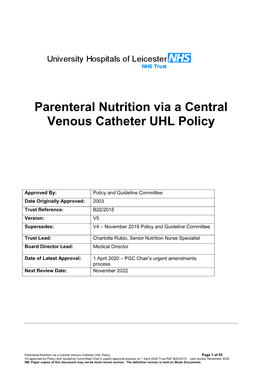 Parenteral Nutrition Via a Central Venous Catheter UHL Policy