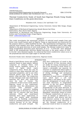 Thermal Conductivity Study of South East Nigerian Woods Using Steady State Conditions on the Grain Directions