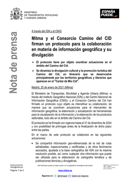 Mitma Y El Consorcio Camino Del CID Firman Un Protocolo Para La Colaboración En Materia De Información Geográfica Y Su Divulgación