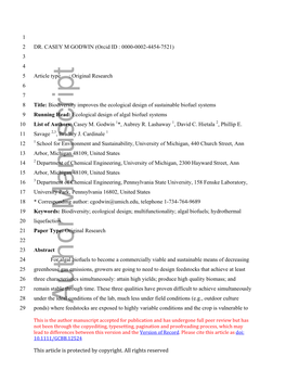 Biodiversity Improves the Ecological Design of Sustainable Biofuel Systems 9 Running Head: Ecological Design of Algal Biofuel Systems 10 List of Authors: Casey M