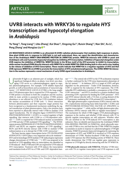 UVR8 Interacts with WRKY36 to Regulate HY5 Transcription and Hypocotyl Elongation in Arabidopsis