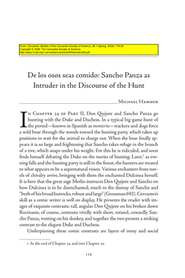 De Los Osos Seas Comido: Sancho Panza As Intruder in the Discourse of the Hunt