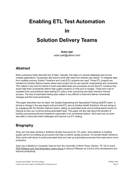 Enabling ETL Test Automation in Solution Delivery Teams