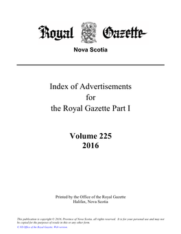 Index of Advertisements for the Royal Gazette Part I Volume 225 2016