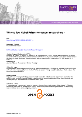 Why So Few Nobel Prizes for Cancer Researchers?