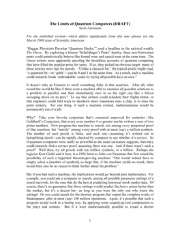 The Limits of Quantum Computers (DRAFT) Scott Aaronson