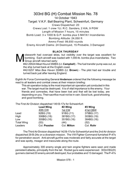 303Rd BG (H) Combat Mission No. 78 14 October 1943 Target: V.K.F