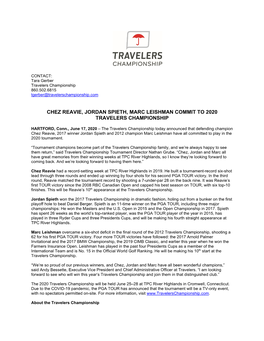 Chez Reavie, Jordan Spieth, Marc Leishman Commit to 2020 Travelers Championship