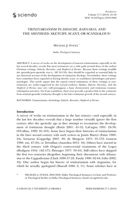 Trinitarianism in Didache, Barnabas, and the Shepherd: Sketchy, Scant, Or Scandalous?