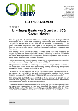 ASX ANNOUNCEMENT Linc Energy Breaks New Ground with UCG Oxygen Injection