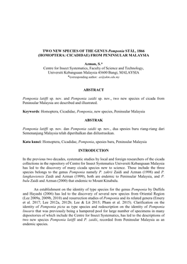 TWO NEW SPECIES of the GENUS Pomponia STÅL, 1866 (HOMOPTERA: CICADIDAE) from PENINSULAR MALAYSIA