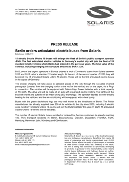 Berlin Orders Articulated Electric Buses from Solaris Bolechowo, 12.03.2019