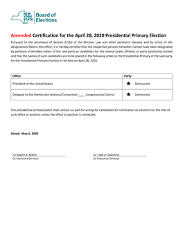 Certification for the April 28, 2020 Presidential Primary Election