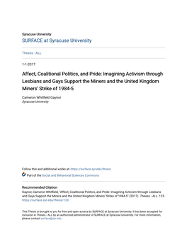 Affect, Coalitional Politics, and Pride: Imagining Activism Through Lesbians and Gays Support the Miners and the United Kingdom Miners’ Strike of 1984-5