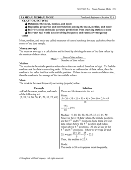 5.6 MEAN, MEDIAN, MODE Textbook Reference Section 12.1 CLAST