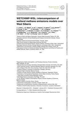WETCHIMP-WSL: Intercomparison of Wetland Methane Emissions Models Over West Siberia T