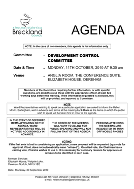 Agenda Frontsheet 11/10/2010, 09:30