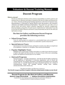 Docent Program for the Hett Art Gallery and Museum Historic Camp Chesterfield | Indiana Association of Spiritualists Compiled by Rev