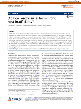 Did Ugo Foscolo Suffer from Chronic Renal Insufficiency? Konstantinos Stamatiou1*, Maria Sgouridou2 and Georgios Christopoulos3