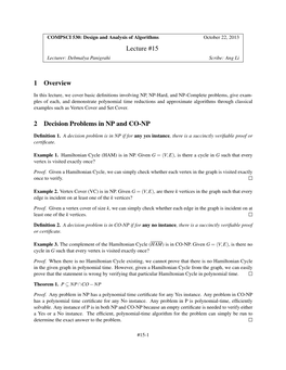 Lecture #15 1 Overview 2 Decision Problems in NP and CO-NP