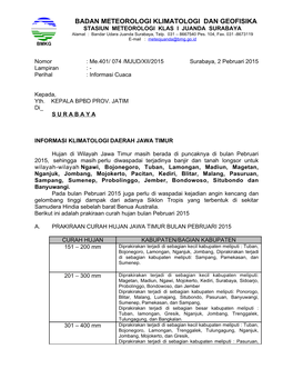 BADAN METEOROLOGI KLIMATOLOGI DAN GEOFISIKA STASIUN METEOROLOGI KLAS I JUANDA SURABAYA Alamat : Bandar Udara Juanda Surabaya, Telp