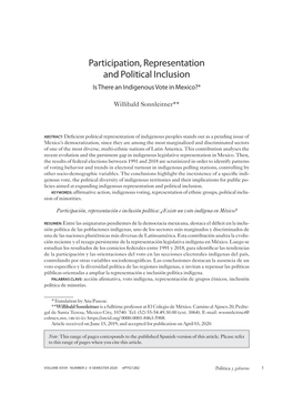 Participation, Representation and Political Inclusion Is There an Indigenous Vote in Mexico?*