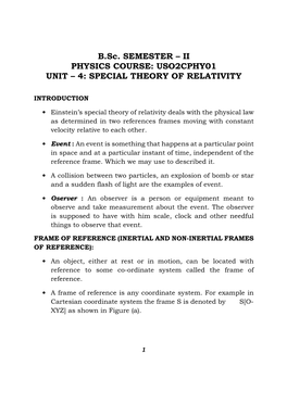 Uso2cphy01 Unit – 4: Special Theory of Relativity
