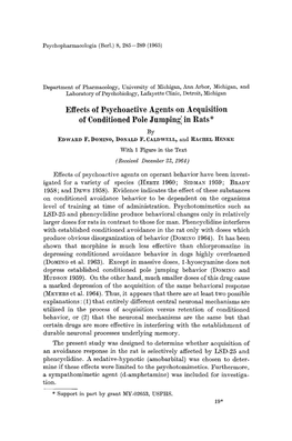 Effects of Psychoactive Agents on Acquisition of Conditioned Pole Jumping'j in Rats + by ]~D~VARD F