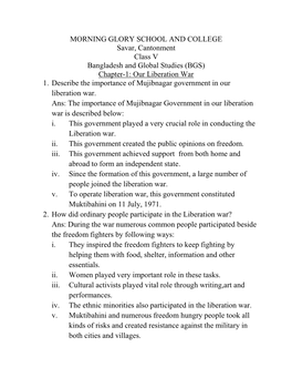 MORNING GLORY SCHOOL and COLLEGE Savar, Cantonment Class V Bangladesh and Global Studies (BGS) Chapter-1: Our Liberation War 1